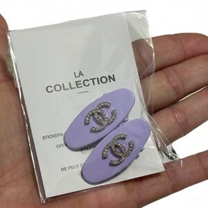 CHANEL 2Pc Lg Purple/Rhinestone CC Oval Hair Clips